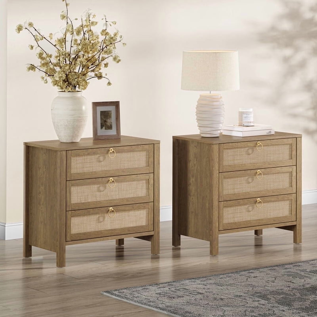 Surmoby Oak Boho 3 - Drawer Nightstand Set of 2 - Extra Wide Storage Night Stand with Gold Handles Large&Tall Bed Side Table for Bedroom Living Room